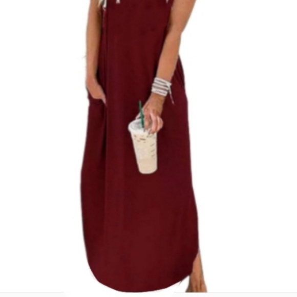 Zenana Outfitter Cruise or Vacation T-Shirt Dress Boho L Red V-Neck Side Pockets - Picture 5 of 6